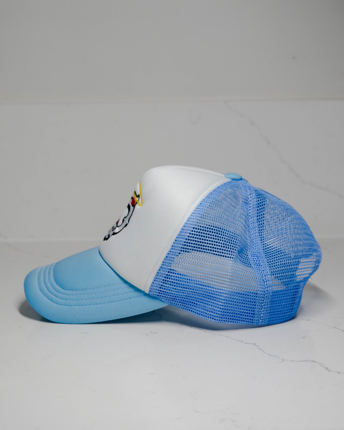 DTL Trucker Hat "Halo Hearts" | Ice Blue & White