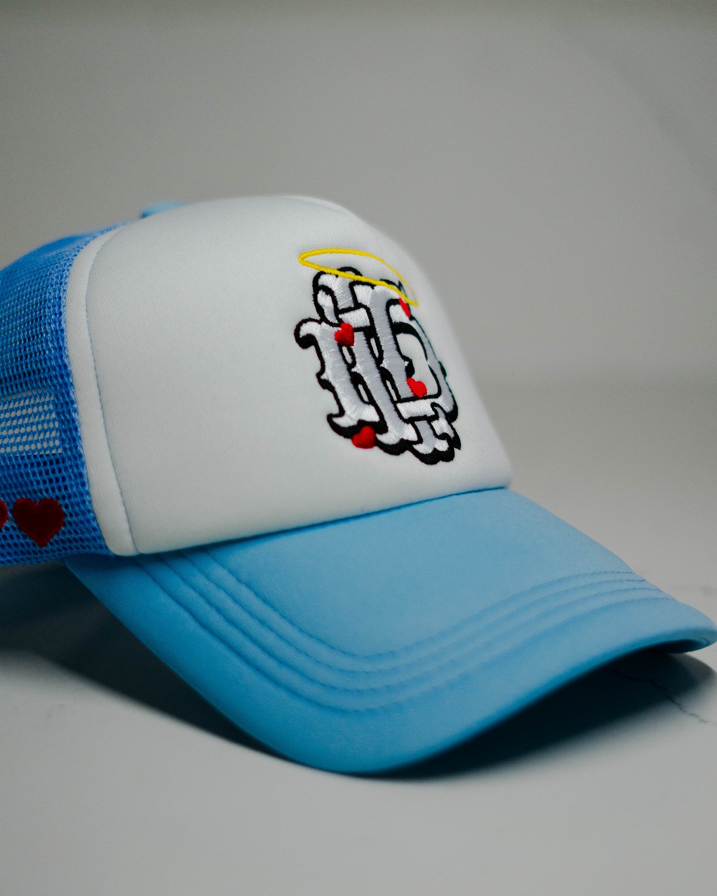 DTL Trucker Hat "Halo Hearts" | Ice Blue & White