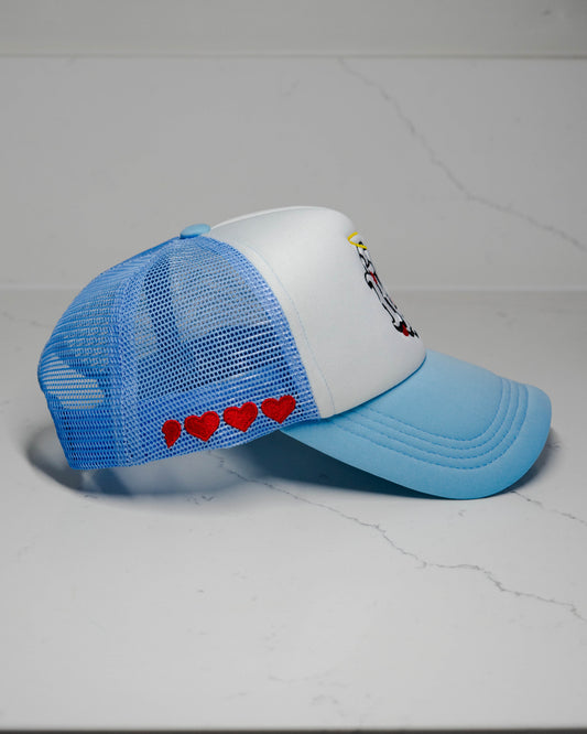 DTL Trucker Hat "Halo Hearts" | Ice Blue & White