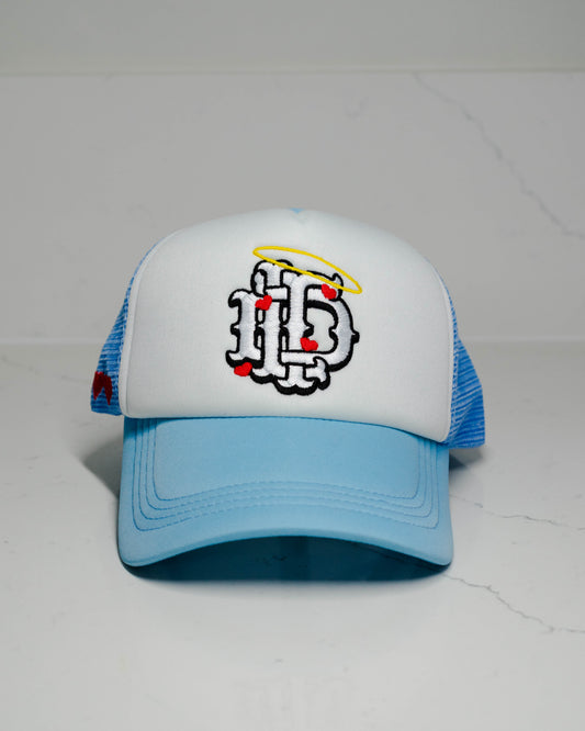 DTL Trucker Hat "Halo Hearts" | Ice Blue & White
